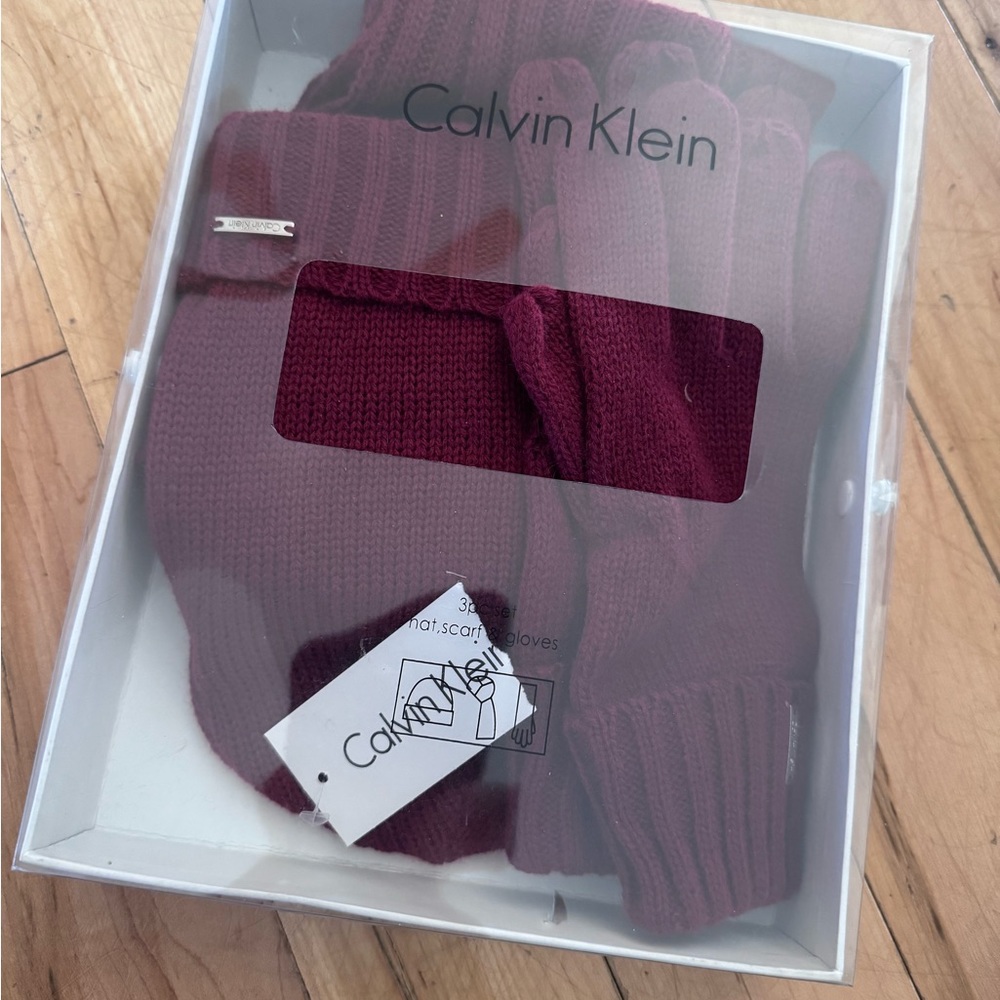 Calvin Klein Burgundy Knit Hat, Scarf, and Gloves Set